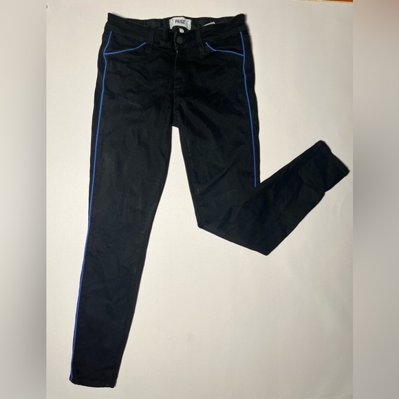MID RISE PAIGE BLACK JEANS WITH BLUE PIPING (ANTHROPOLOGIE) - Picture 1 of 3